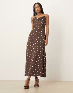 ���B�� ���f�B�[�X �g�b�v�X �����s�[�X �h�b�g�� �h�b�g �T�e�� �}�L�V VILA satin cowl neck maxi dress polka dot Coffee Bean �R�[�q�[