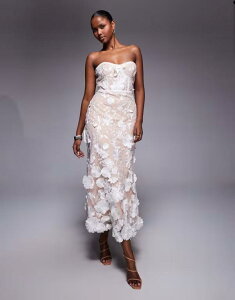 �W���[�� ���f�B�[�X �g�b�v�X �����s�[�X ���[�X Jarlo Jolene corset bandeau midaxi dress in 3D lace Ivory �A�C�{���[