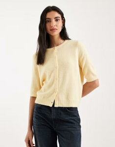 ���F�����[�_ ���f�B�[�X �A�E�^�[ �J�[�f�B�K�� �j�b�g Vero Moda round necknit short sleeve cardigan in golden yellow Golden haze �C�G���[