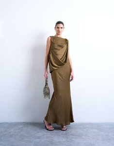 �g�b�v�V���b�v ���f�B�[�X �g�b�v�X �����s�[�X �h���[�v �T�e�� �}�L�V Topshop satin slash neck draped cowl front maxi dress in olive �I���[�u