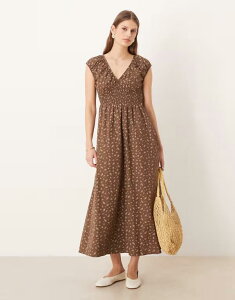 �O���}���X ���f�B�[�X �g�b�v�X �����s�[�X �t�����[�� �t�����[ Glamoroushirred waist midaxi dress floral Brown Floral �u���E��