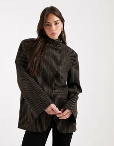 �G�C�\�X ���f�B�[�X �A�E�^�[ �W���P�b�g�E�u���]�� �u���U�[ ASOS DESIGN wrap front oversized blazer pinstripes Brown pinstripe �u���E��