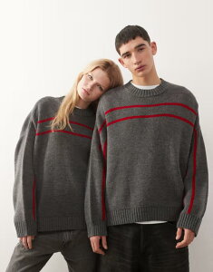 �R���[�W���� ���f�B�[�X �A�E�^�[ �j�b�g�E�Z�[�^�[ COLLUSION Unisex sweater with red stripes Gray �O���[