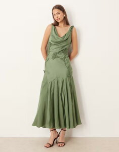 �G�C�\�X ���f�B�[�X �g�b�v�X �����s�[�X �T�e�� �}�L�V �t�����[ ASOS DESIGN satin cowl neck godet maxi dress with 3D organza florals Khaki �J�[�L