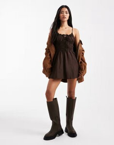 �R�b�g���I�� ���f�B�[�X �g�b�v�X �����s�[�X �~�j ���l�� Cotton Haven linen strappy mini dress in dark oak DARK OAK