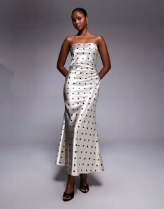 ���A ���f�B�[�X �g�b�v�X �����s�[�X �h�b�g�� �h�b�g �T�e�� �}�L�V Rare London satin polka dot bandeau maxi dress in cream and CREAM & BLACK POLKA DOTS �N���[��