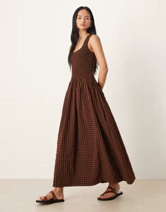 �G�C�\�X ���f�B�[�X �g�b�v�X �����s�[�X �M���K���`�F�b�N �M���K�� ASOS DESIGN crinkle scoop neck midaxi sundress with shirred waist and chocolate gingham Black & Chocolate Gingham �u���b�N
