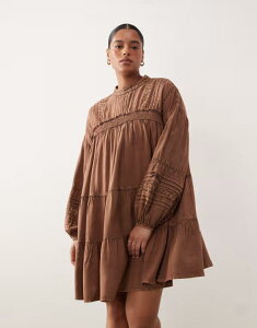�G�C�\�X ���f�B�[�X �g�b�v�X �����s�[�X ���[�X�g���� �~�j ���[�X ASOS Curve ASOS DESIGN Curve mini smock dress with lace trim in washed chocolate Brown �u���E��