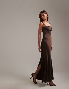 �G�C�\�X ���f�B�[�X �g�b�v�X �����s�[�X �h���[�v �T�e�� �X�J�[�g �}�L�V ASOS DESIGN bridesmaidsatin draped bust maxi dress with column skirt in chocolate �`���R���[�g