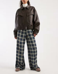 �G�C�\�X ���f�B�[�X �{�g���X �J�W���A���p���c ���C�h���b�O ASOS DESIGN wide leg pull-on pants in brushed check Blue Check �u���[