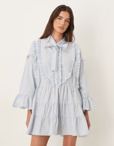 �V�X�^�[�W���� ���f�B�[�X �g�b�v�X �����s�[�X �~�j �R�b�g�� Sister Jane Dawn pure cotton pinstriped pussybow bell sleeves mini dress Blue �u���[