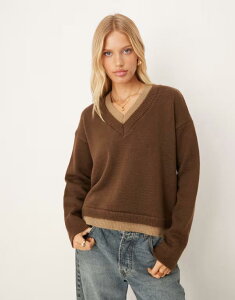 �G�C�\�X ���f�B�[�X �A�E�^�[ �j�b�g�E�Z�[�^�[ V�l�b�N ASOS DESIGN knit v neck sweater with double layer Brown �u���E��