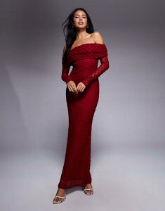 �o�[�h�b�g ���f�B�[�X �g�b�v�X �����s�[�X �}�L�V Bardot Adoni flocked off the shoulder long sleeve maxi dress Deep Red ���b�h