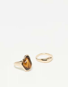 �G�C�\�X ���f�B�[�X �A�N�Z�T���[ �����O ASOS DESIGN pack of 2 rings with real semi-precious tigers eye stone Multi �}���`�J���[