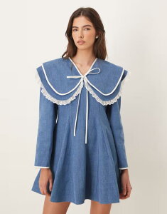 �V�X�^�[�W���� ���f�B�[�X �g�b�v�X �����s�[�X �~�j �R�b�g�� �f�j�� Sister Jane Dappled pure cotton oversized collar mini dress with bow denim Blue �u���[