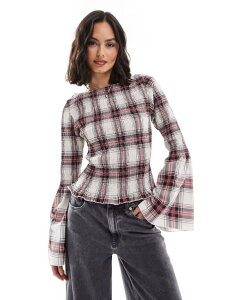 �G�C�\�X ���f�B�[�X �g�b�v�X �V���c ASOS DESIGN poplin shirred angel sleeve top check Red Check ���b�h