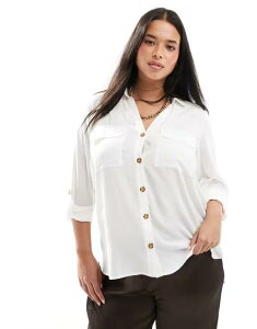 ���F�����[�_ ���f�B�[�X �g�b�v�X �V���c �{�^���_�E�� Vero Moda Curve button down shirt with pocket detail Snowhite �z���C�g