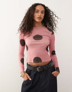 �R���[�W���� ���f�B�[�X �g�b�v�X �V���c �h�b�g�� �h�b�g COLLUSION slash neck long sleeve topolka dot Pink spot �s���N