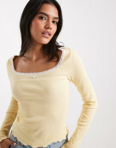 �~�X�Z���t�t���b�W ���f�B�[�X �g�b�v�X �V���c ���[�X�g���� ���u ���[�X Misselfridge fitted square neck ribbed top with lace trim in buttermilk