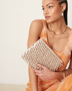 �G�C�\�X ���f�B�[�X �o�b�O ASOS DESIGN zip top clutch bag in all over beads in rose GOLD �S�[���h