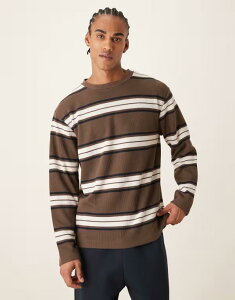 �G�C�\�X �����Y �g�b�v�X T�V���c ASOS DESIGN heavyweight relaxed long sleeve t-shirt in ecru and brown stripes Multi �}���`�J���[