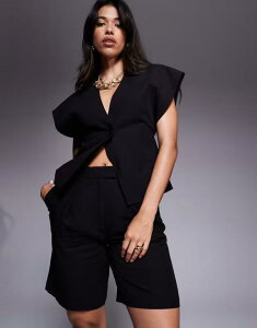 �G�C�\�X ���f�B�[�X �{�g���X �n�[�t�p���c�E�V���[�c �V���[�g�p���c ���l�� ASOS DESIGN tailored linen look longline city shorts - part of a set Black �u���b�N
