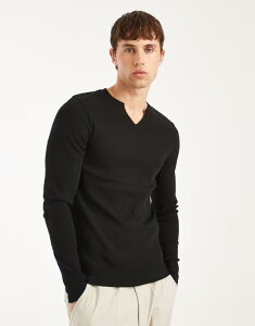 �G�C�\�X �����Y �g�b�v�X T�V���c ASOS DESIGN muscle fit long sleeve T-shirt with notch neck riblack �u���b�N