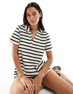 ���F�����[�_ ���f�B�[�X �g�b�v�X T�V���c �|���V���c �p�C�� Vero Moda terrycloth polo t-shirt and white stripes - part of a set BIRCH BLACK �u���b�N