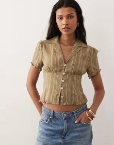 �L�X�U�X�J�C ���f�B�[�X �g�b�v�X �V���c �z���^�[ Kiss the Sky collared halter neck striped top in olive �I���[�u