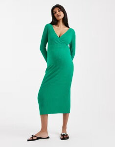 �}�}���C�V�A�X ���f�B�[�X �g�b�v�X �����s�[�X ���u �~�f�B �}�^�j�e�B Mama.licious Mamalicious Maternity wrap long sleeve ribbed nursing midi dress Bosphorus �O���[��