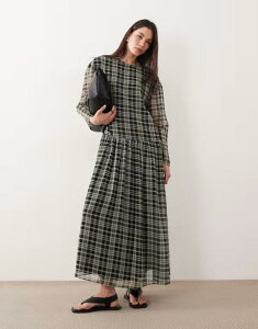 �G�C�\�X ���f�B�[�X �g�b�v�X �����s�[�X �V�t�H�� �}�L�V ASOS DESIGN chiffon dropped waist maxi smock dress check Green Check �O���[��