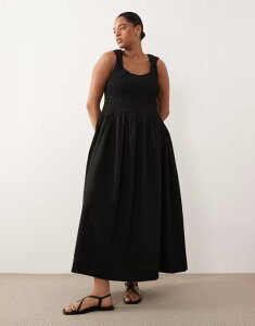 �G�C�\�X ���f�B�[�X �g�b�v�X �����s�[�X �}�L�V ASOS Curve ASOS DESIGN Curve crinkle scoop neck maxi sundress with shirred waist Black �u���b�N