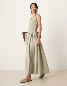 �G�C�\�X ���f�B�[�X �g�b�v�X �����s�[�X �}�L�V ASOS DESIGN crinkle scoop neck maxi sundress with shirred waist in sage Dusky sage �Z�[�W