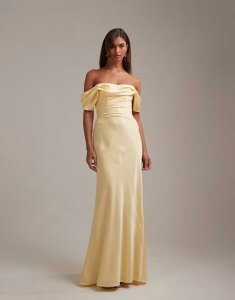 �G�C�\�X ���f�B�[�X �g�b�v�X �����s�[�X �T�e�� �}�L�V ASOS DESIGN Bridesmaids off the shoulder satin maxi dress in lemon