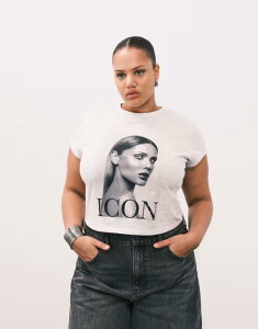 �G�C�\�X ���f�B�[�X �g�b�v�X T�V���c �O���t�B�b�N ASOS Curve ASOS DESIGN Curve baby tee with Icon magazine graphic in ice heather Ice Marl �}�[��