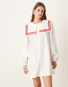 �O���}���X ���f�B�[�X �g�b�v�X �����s�[�X �V���c Glamorous throw on boxy shirt dress with square neck collar with red tipping White Red �z���C�g