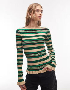 �A���h�A�U�[�X�g�[���[�Y ���f�B�[�X �g�b�v�X T�V���c �j�b�g & Other Stories long sleeve lightweight knitop with frill edge stripe Green Stripe �O���[��