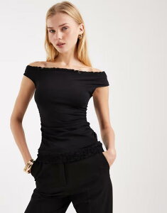 �G�C�\�X ���f�B�[�X �g�b�v�X �V���c �A�V�����g���[ ���[�X�g���� ���[�X ASOS DESIGN asymmetric sleeve lace trim detailing top Black �u���b�N