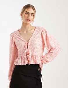 �~�X�Z���t�t���b�W ���f�B�[�X �g�b�v�X �V���c Misselfridge tie front long sleeve top in burnout PINK �s���N
