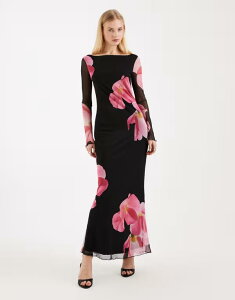 ���F�����[�_ ���f�B�[�X �g�b�v�X �����s�[�X �t�����[�� ���b�V�� �}�L�V �t�����[ Vero Moda long sleeve mesh maxi dress with overblown floral Black/Floral �u���b�N