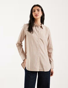 ���F�����[�_ ���f�B�[�X �g�b�v�X �V���c �v�����g �~�j �I�b�N�X�t�H�[�h �R�b�g�� Vero Moda oversized cotton oxford shirt ineutral mini plaid print Birch �`�F�b�N