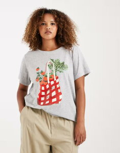 �I�����[�J�[�u ���f�B�[�X �g�b�v�X T�V���c �v�����g �O���t�B�b�N ONLY Curve tomatoes graphic print-shirt in light GRAY �O���[