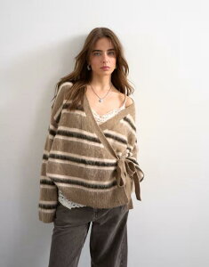 �g�b�v�V���b�v ���f�B�[�X �A�E�^�[ �J�[�f�B�K�� �j�b�g Topshop knit fluffy striped wrap tie cardigan ineutral Oat �X�g���C�v