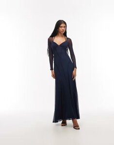 �G�C�\�X ���f�B�[�X �g�b�v�X �����s�[�X ���b�V�� �}�L�V ASOS DESIGN mesh long sleeve maxi dress with exposed seam detailing Navy �l�C�r�[