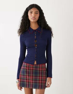 ���N���C�� ���B���e�[�W ���f�B�[�X �A�E�^�[ �J�[�f�B�K�� ���u�j�b�g �R���g���X�g �j�b�g Reclaimed Vintage rib knit collared cardigan with contrast lettucedges NAVY �l�C�r�[