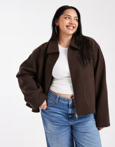 �G�C�\�X ���f�B�[�X �A�E�^�[ �W���P�b�g�E�u���]�� �t���W�b�v ASOS Curve ASOS DESIGN Curve top collar zip through jacket in chocolate �`���R���[�g