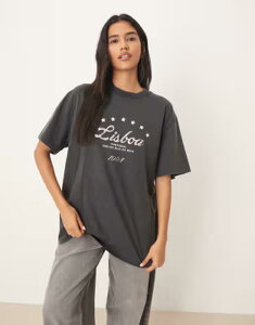 �G�C�\�X ���f�B�[�X �g�b�v�X T�V���c �O���t�B�b�N ASOS DESIGN oversized t-shirt with Lisbon graphic in washed charcoal �`���R�[��