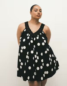�G�C�\�X ���f�B�[�X �g�b�v�X �����s�[�X V�l�b�N �h�b�g �~�j �I�[�o�[���C ���[�X ASOS Curve ASOS DESIGN Curve poplin v-neck mini smock sundress with lace overlay and white polka dots Mono spot �z���C�g