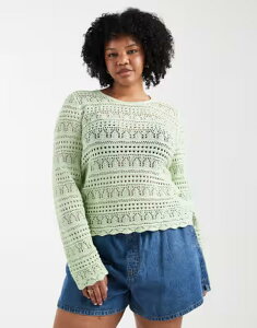 �I�����[�J�[�u ���f�B�[�X �A�E�^�[ �j�b�g�E�Z�[�^�[ ONLY Curve long sleeve crochetop in light Laurel green �O���[��