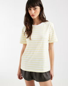 �s�[�V�[�Y ���f�B�[�X �g�b�v�X T�V���c Pieceshort sleeve boxy T-shirt in pale yellow and white stripe French vanilla �z���C�g